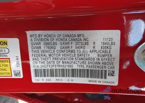 2024 Honda Civic Sport from USA, damaged, VIN 2HGFE2F57RH521690